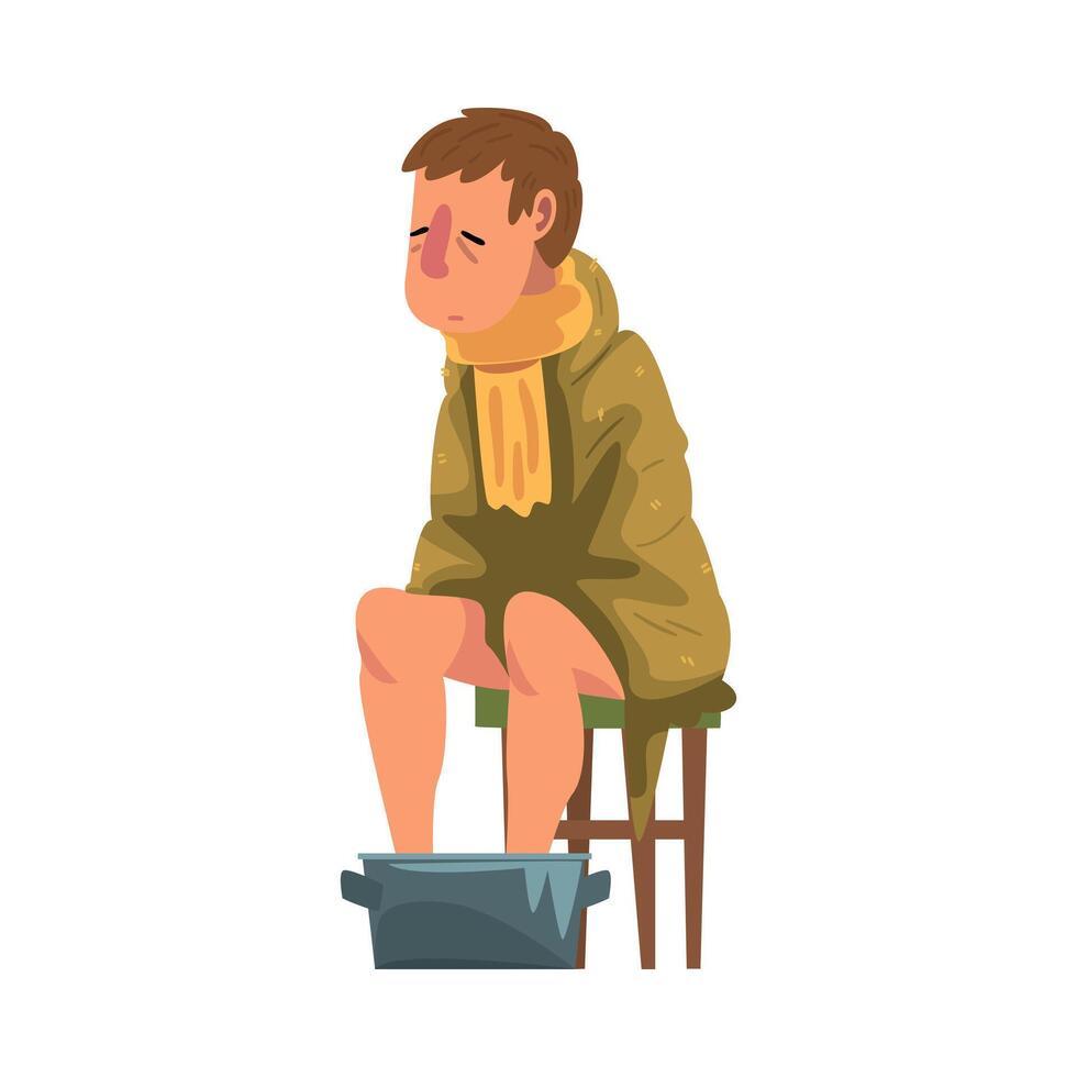 Sick Man Sitting on Chair under Plaid, Guy with Flu Heating his Feet in Basin with Hot Water Cartoon Illustration vector