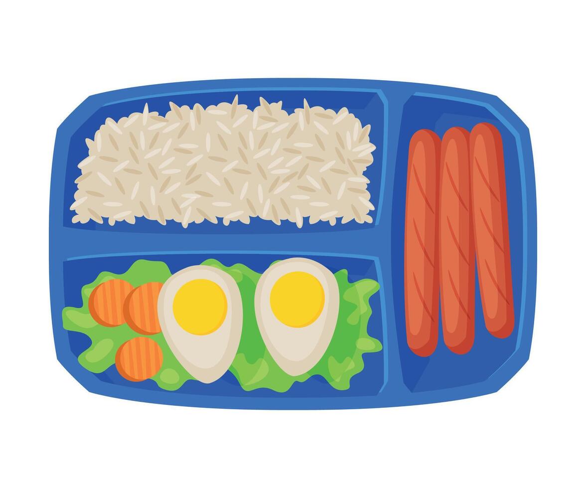 Meal Tray Filled with Egg, Rice and Sausages, Healthy Food For Kids And Students, View from Above Flat Illustration vector