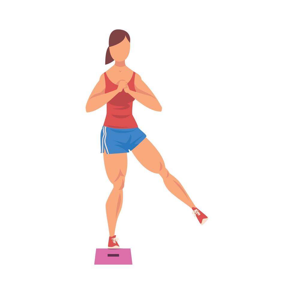 Woman Doing Glute Exercise Using Steps Platform, Girl Doing Sports Firming her Body, Buttock Workout Illustration on White Background vector