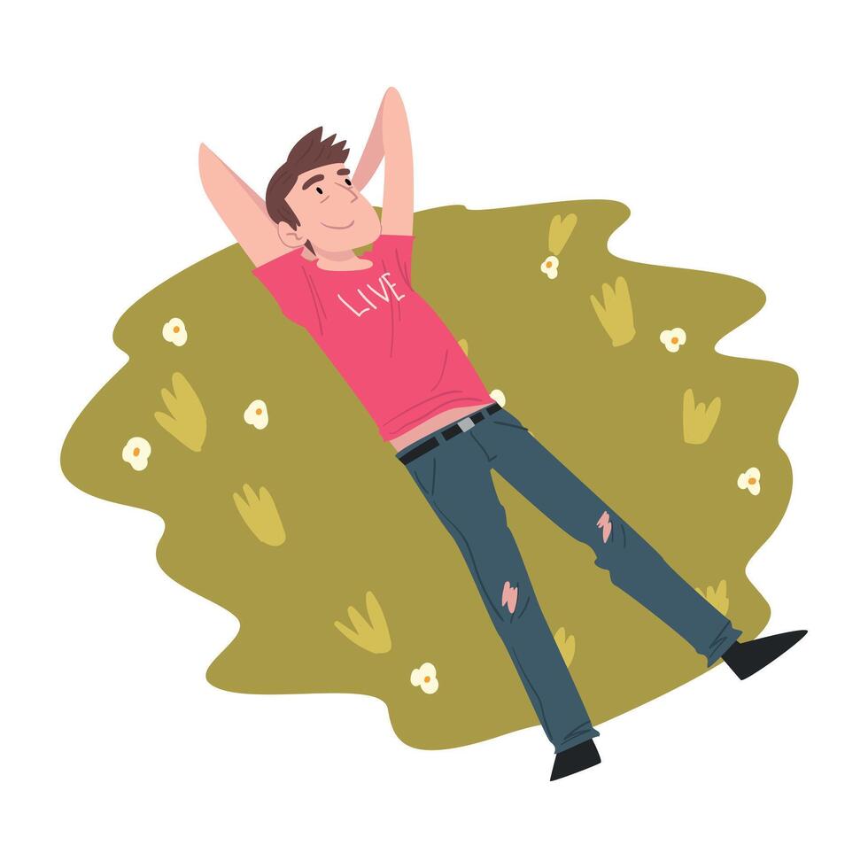 Top View of Young Man Lying on Green Grass Outdoors Cartoon Style Illustration on White Background vector
