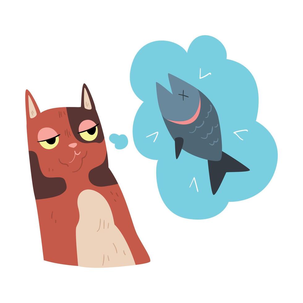 Cute Cat Dreaming about Fish Cartoon Style Illustration on White Background vector