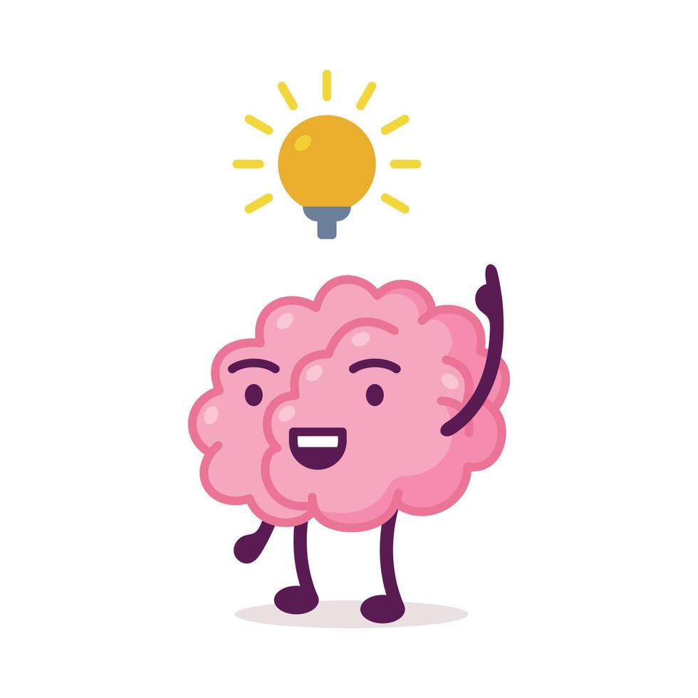 Pink Brain Having Idea, Funny Human Nervous System Organ Cartoon Character with Light Bulb Over Head Illustration on White Background vector