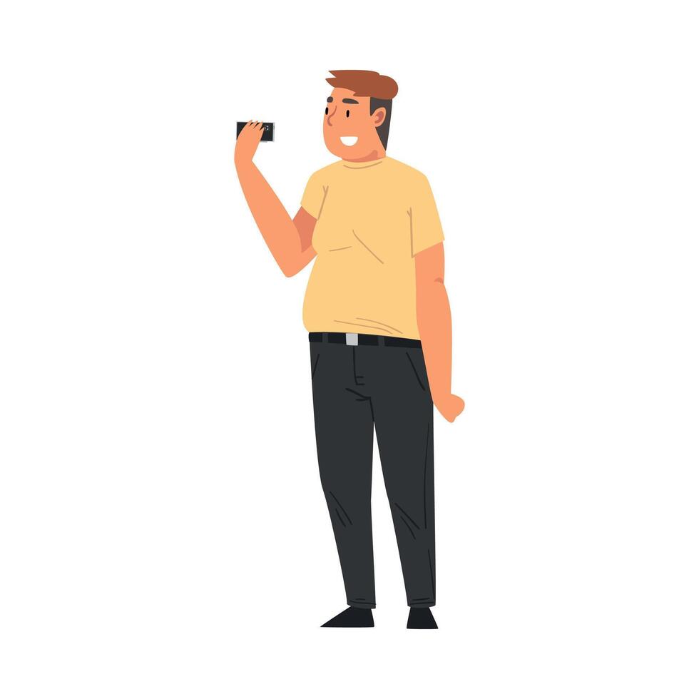 Smiling Obesity Man Taking Selfie Photo, Smiling Male Character Photographing Himself with Smartphone Cartoon Illustration vector