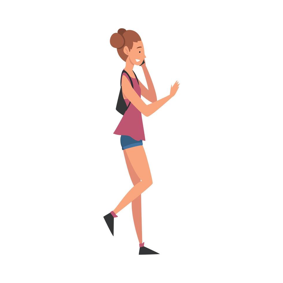 Girl Talking on Smartphone While Walking, Female Student Using Digital Gadget Illustratio vector