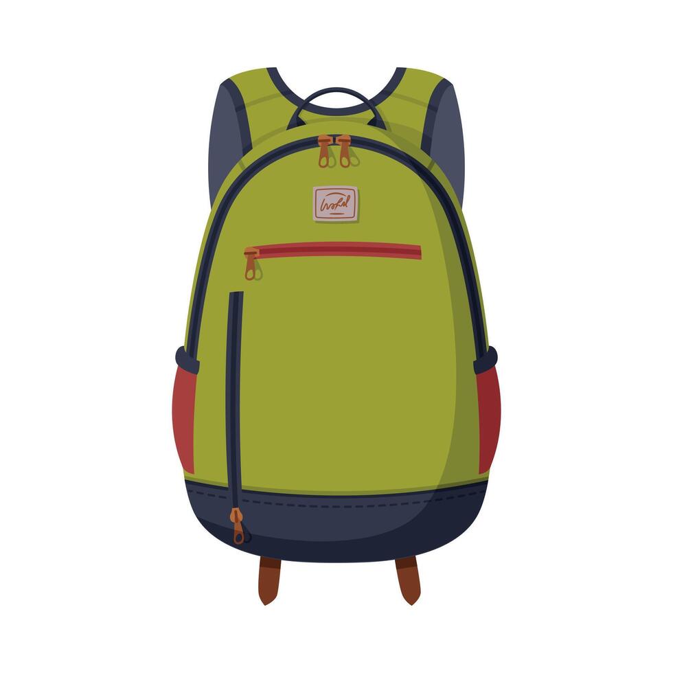 Green Backpack for Schoolchildren or Students, Front View of Travel Bag for Backpacking Flat Style Illustration vector