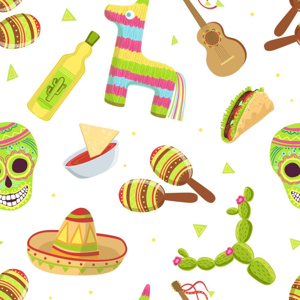Mexican Travelling Symbols Seamless Pattern, Travel to Mexico Design Element Can Be Used for Fabric, Wallpaper, Packaging, Web Page Illustration vector