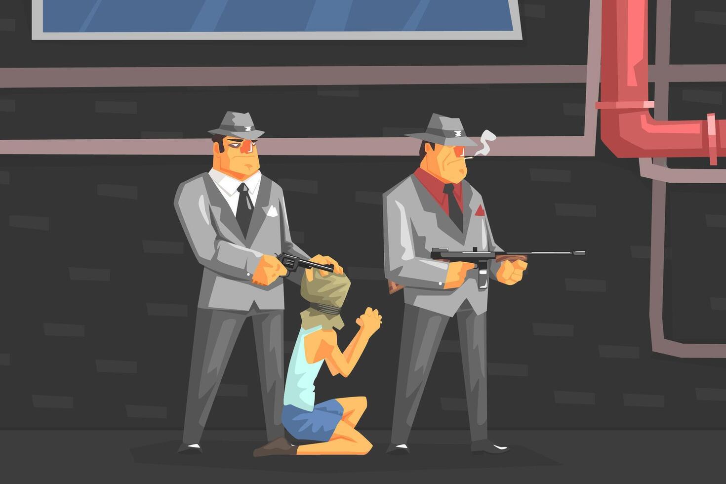 Mafia Members Threatening Hostage, Mafiosi Dressed in Retro Clothes Aiming Gun to Kneeling Man Illustration vector