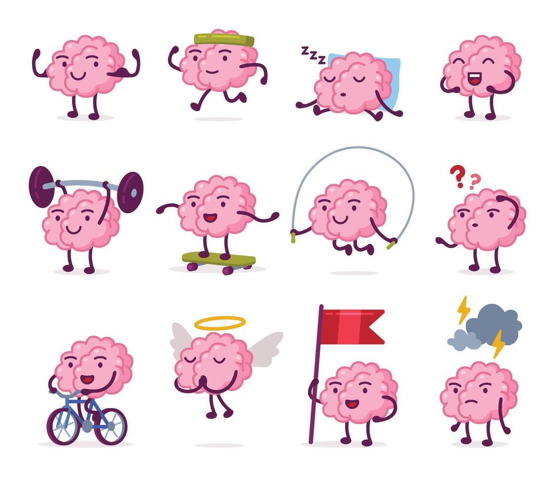 Cute Pink Brain with Various Emotions Set, Funny Human Nervous System Organ Cartoon Character in Different Situations Illustration on White Background vector
