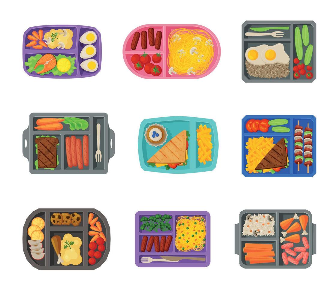 Meal Trays Filled with Food for Lunch Collection, Healthy Food For Kids And Students, View from Above Flat Illustration vector