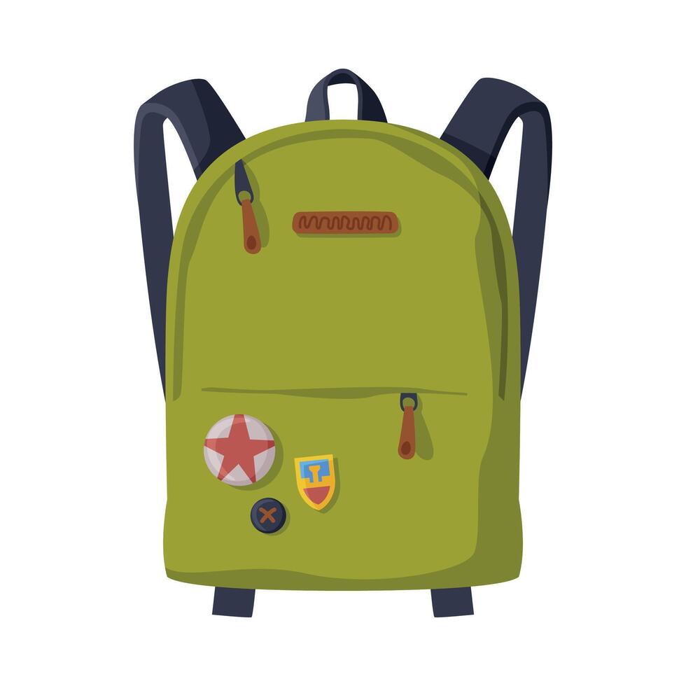 Green Backpack with Front Zippered Pocket for Schoolchildren or Students, Front View of Travel Bag for Backpacking Flat Style Illustration vector