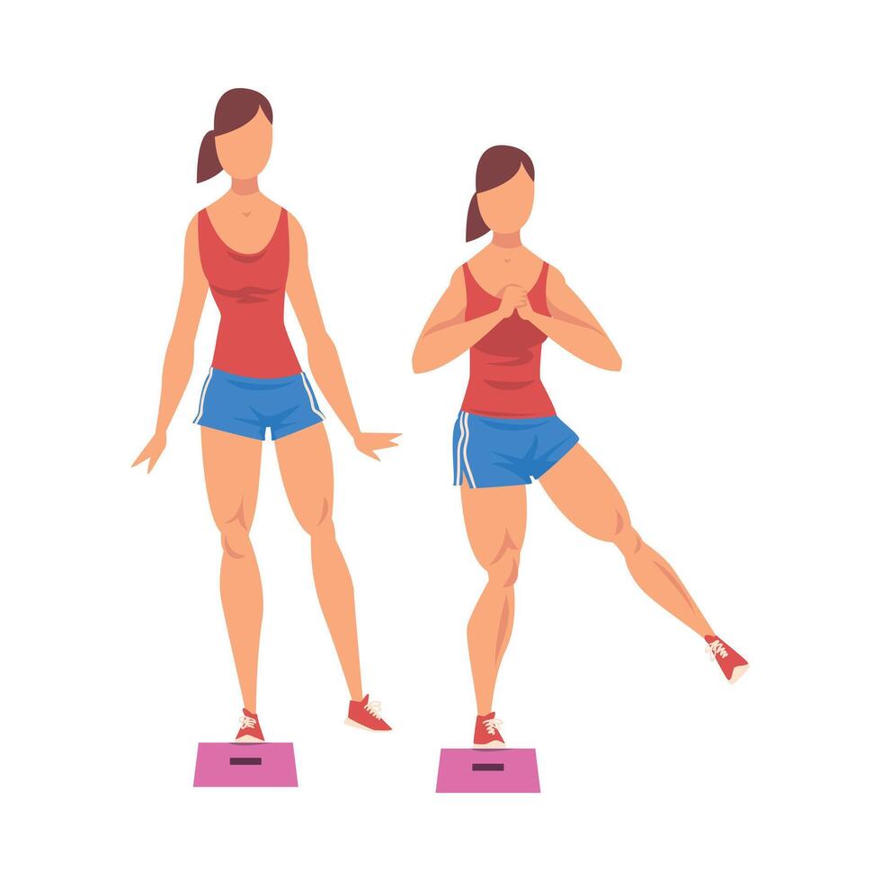 Woman Doing Glute Exercise Using Steps Platform in Two Steps, Girl Doing Sports Firming her Body, Buttock Workout Illustration on White Background vector