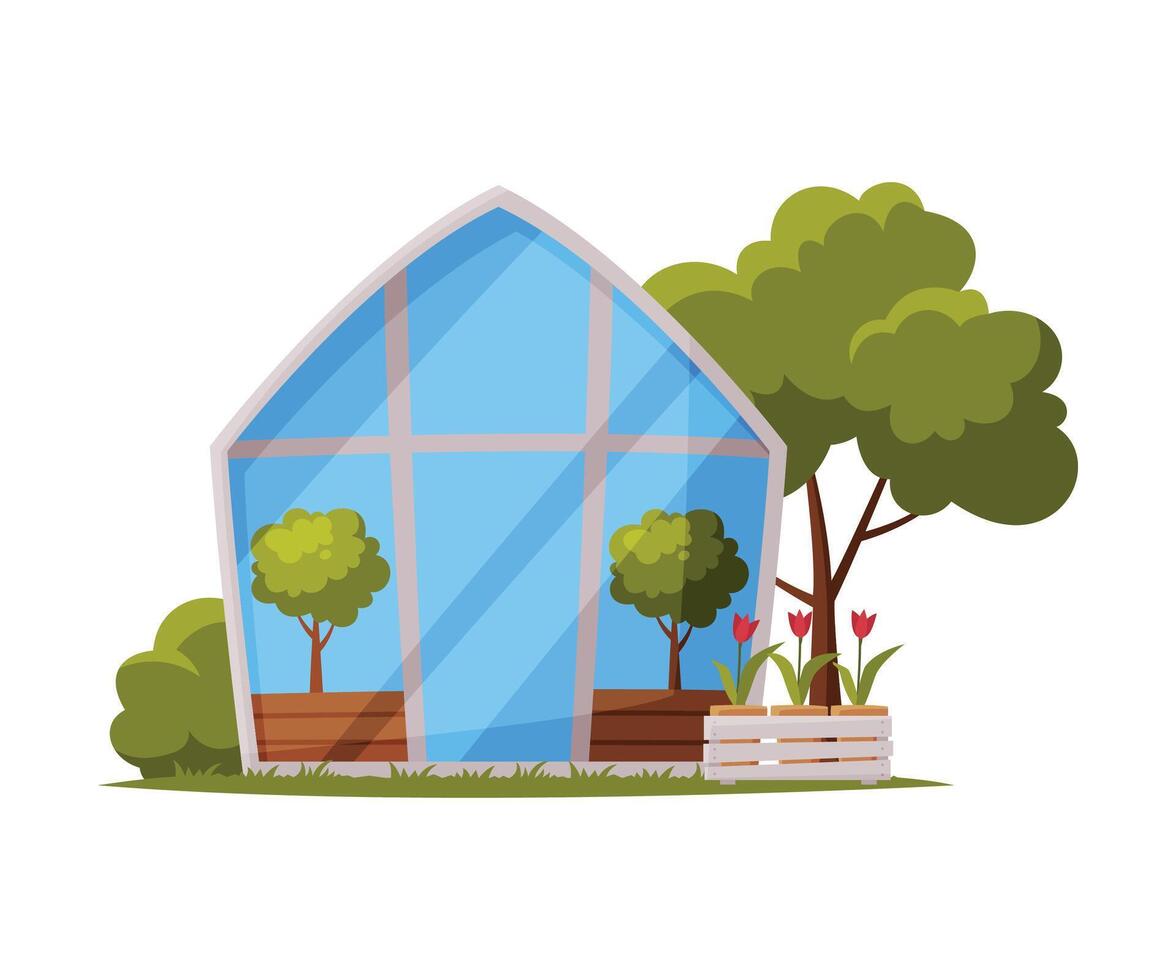Greenhouse with Glass Walls and Plant Growing in Pots Flat Style Illustration on White Background vector