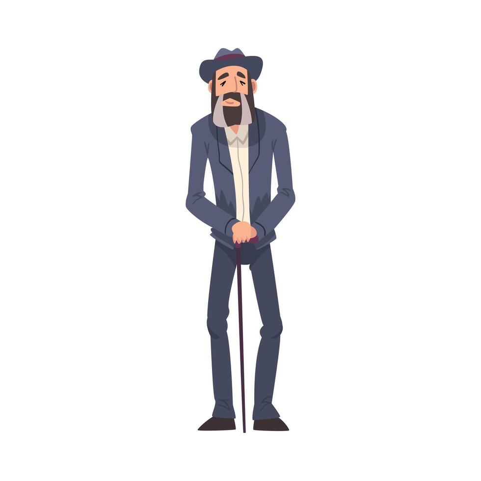 Mature Man Wearing Suit and Hat Standing with Walking Cane, Man Spending Time in Expectation Cartoon Illustration vector