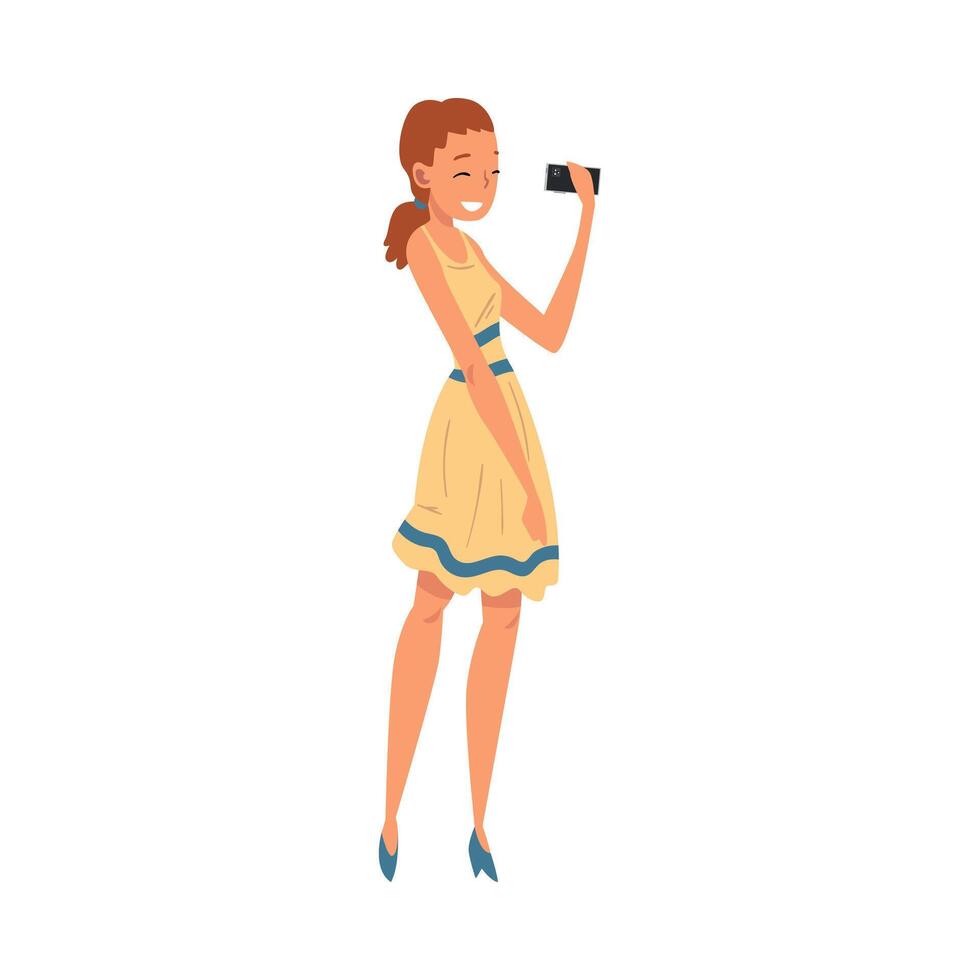 Smiling Girl Wearing Dress Taking Selfie Photo, Female Character Photographing Herself with Smartphone Cartoon Illustration vector
