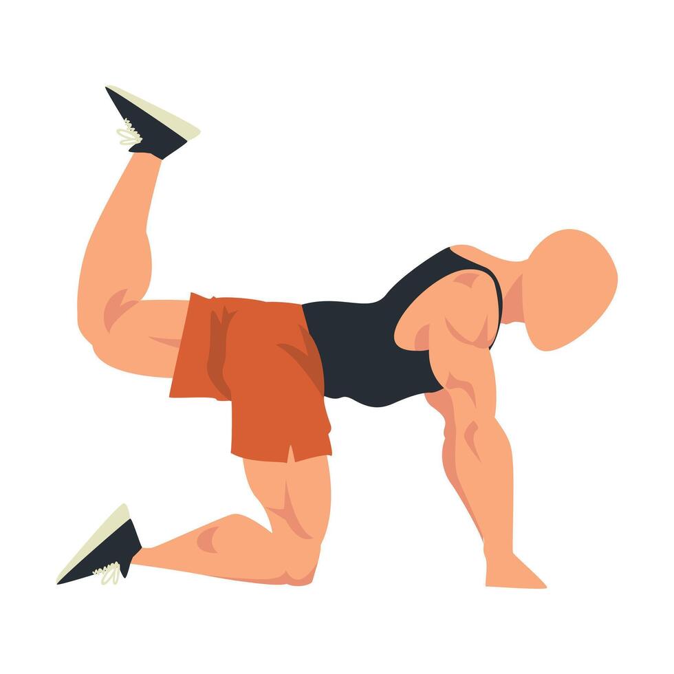Man Doing Donkey Kicks Exercise, Side View of Male Athlete Doing Sports for Fit Body, Buttock Workout Illustration on White Background vector