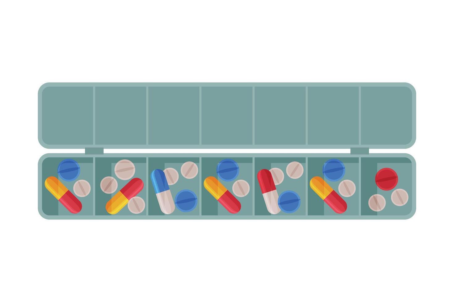 Daily Pill Box Organizer, Pills and Capsules in Plastic Container Flat Style Illustration on White Background vector