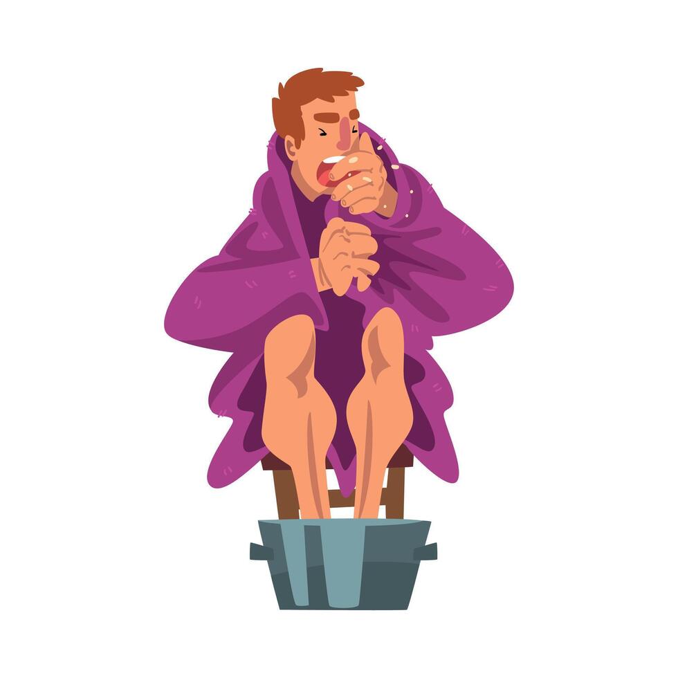 Man Catch Cold, Sick Coughing Guy Sitting under Cozy Plaid Heating his Feet in Basin with Hot Water Cartoon Illustration vector