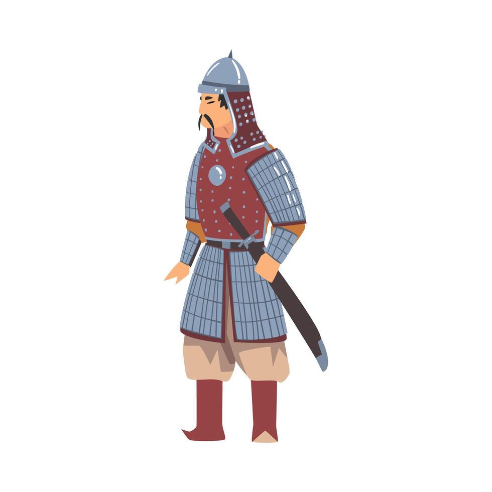 Mongol Nomad Warrior, Central Asian Character in Full Armour with Sword Illustration vector