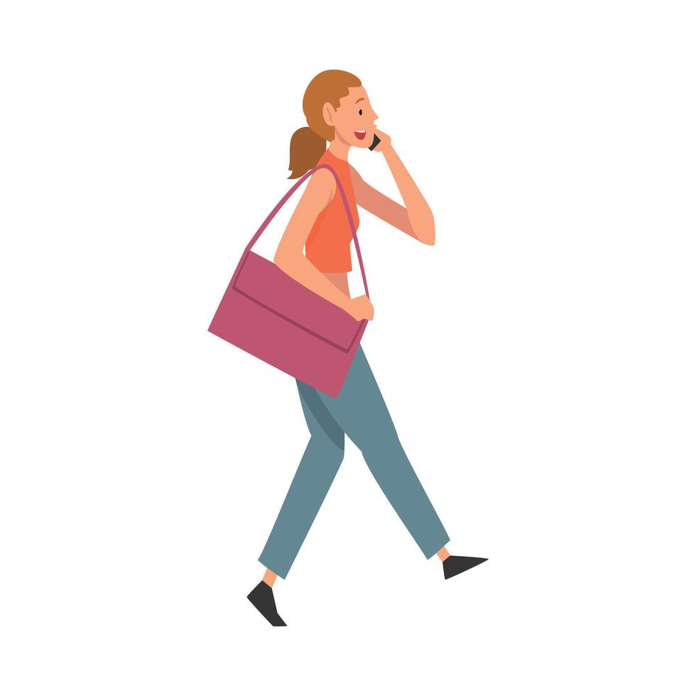 Girl Talking on Smartphone While Walking, Young Woman Using Digital Gadget Illustration vector