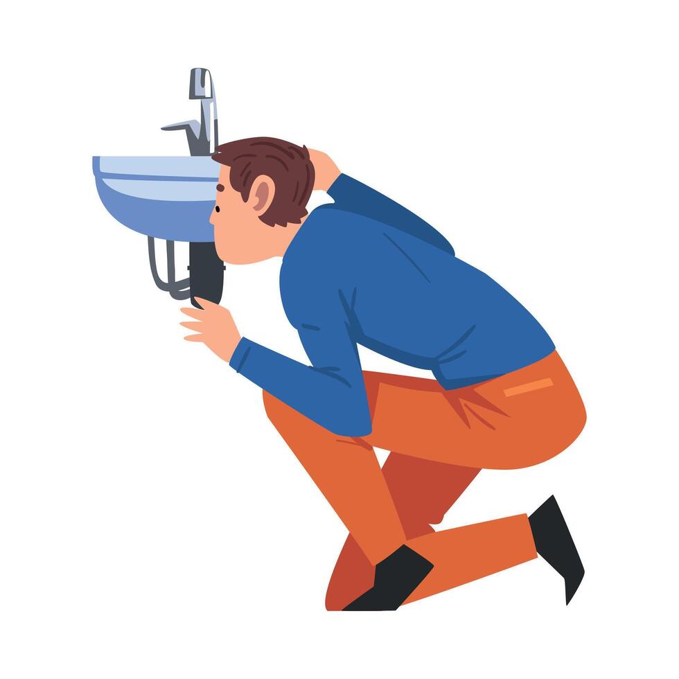 Plumber Fixing Pipeline and Sink, Home Renovation, Male Construction Worker Character with Professional Equipment Illustration vector