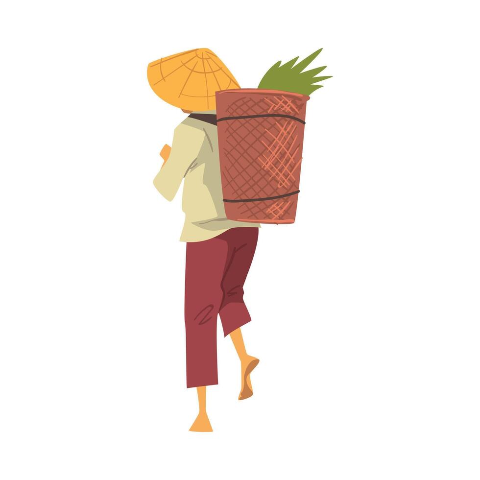 Asian Farmer in Straw Conical Hat Carrying Wicker Basket with Crop, Cartoon Style Illustration on White Background vector