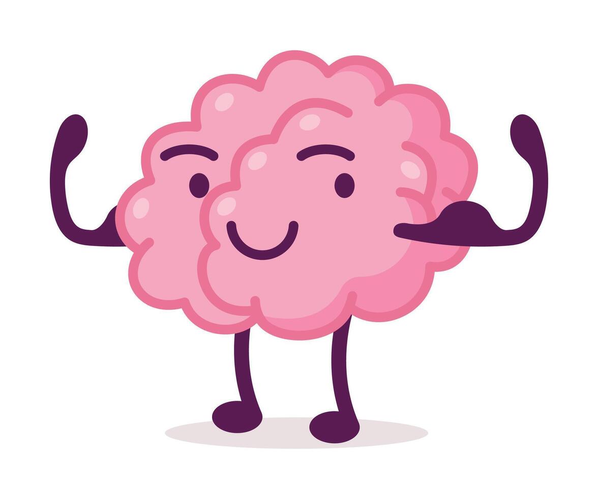 Strong Muscular Pink Brain, Funny Human Nervous System Organ Cartoon Character Illustration on White Background vector