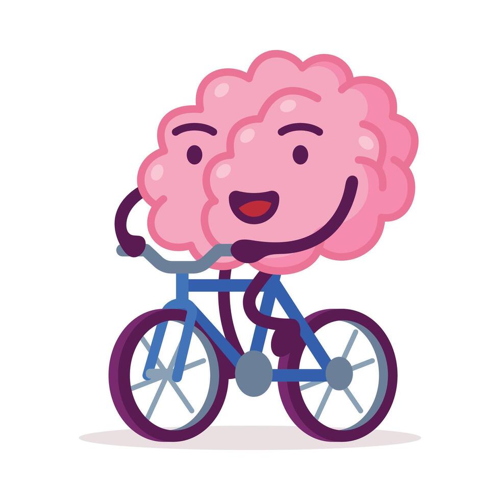 Pink Brain Riding Bicycle, Funny Human Nervous System Organ Cartoon Character Illustration Isolated on White Background vector
