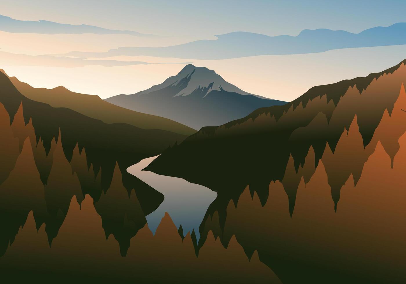 Flat illustration of early morning scenery with mountain and river vector