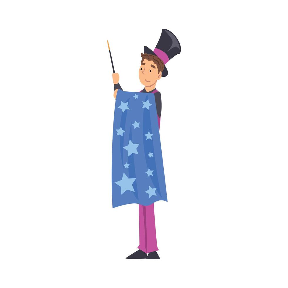 Magician Doing Tricks with Magic Wand, Illusionist Character Performing at Magic Show Cartoon Style Illustration vector