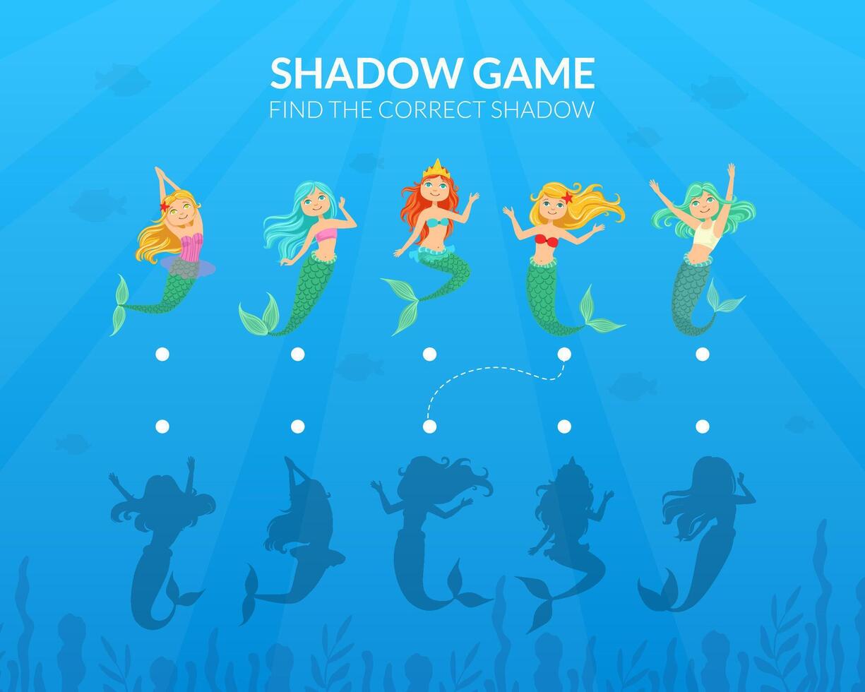 Cute Little Fairytale Mermaids, Find the Correct Shadow Educational Game for Kids Illustration vector