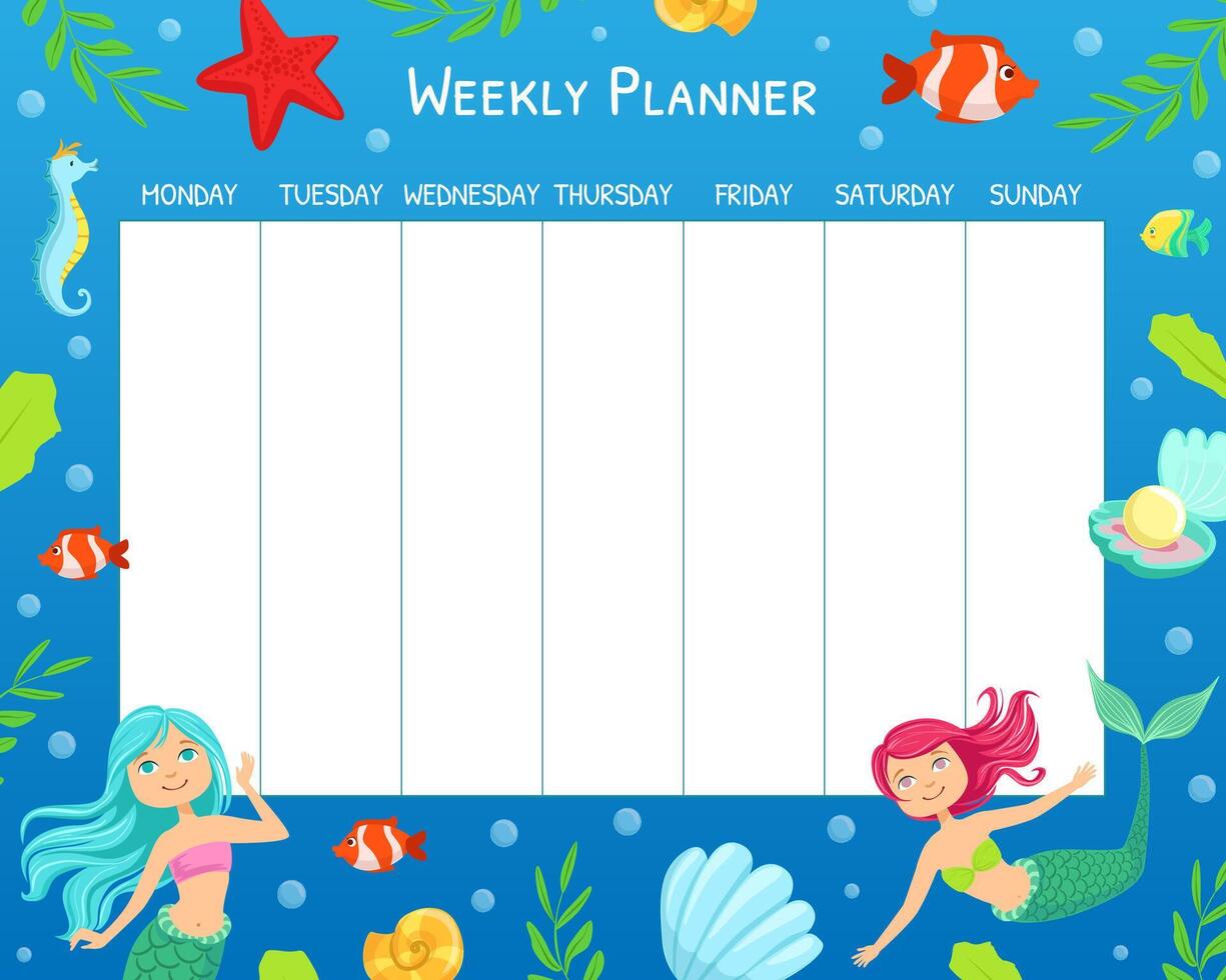 Weekly Calendar Planner with Cute Little Mermaid in Aquatic Nature Illustration vector