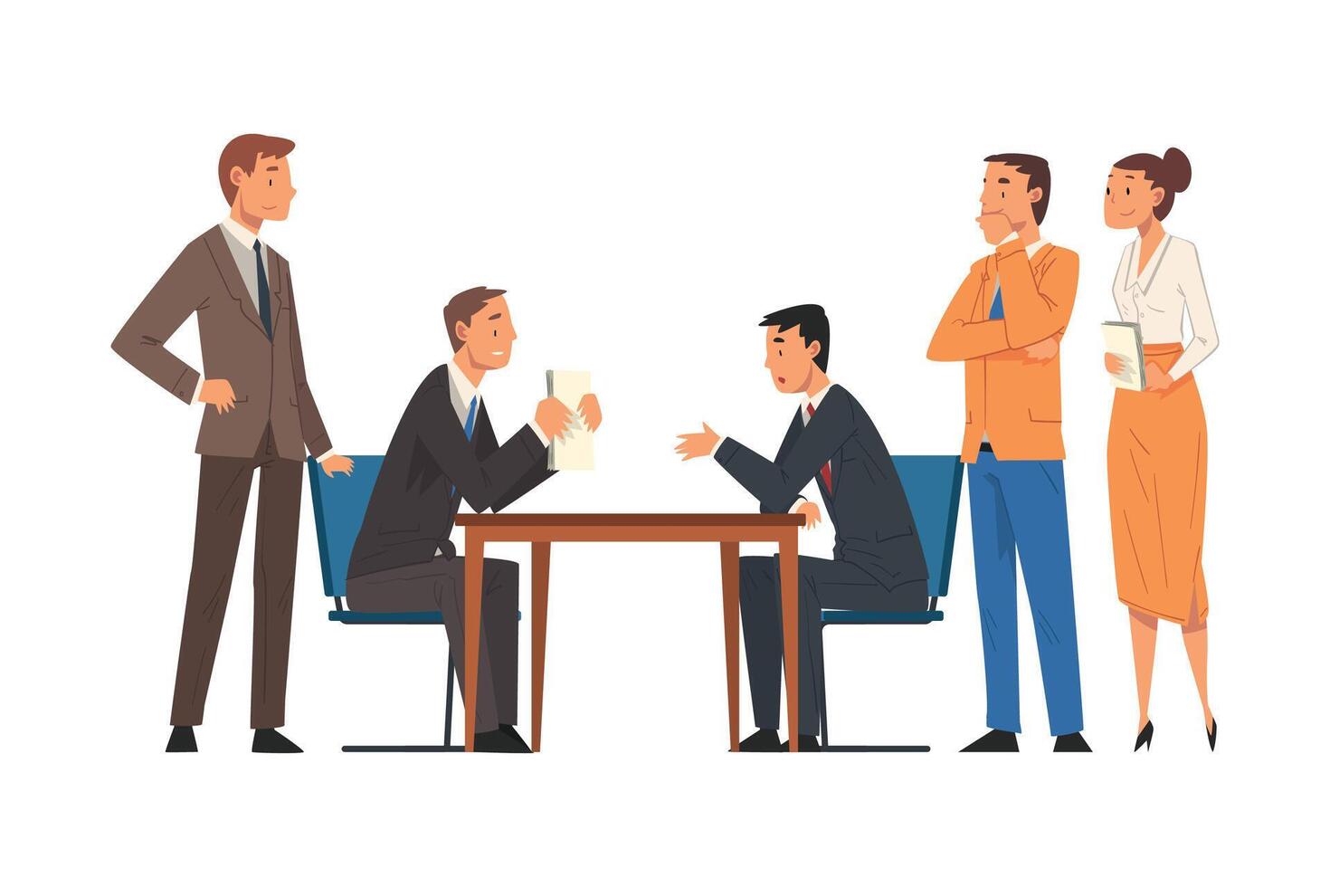 Business Negotiations, Busines Partners Sitting at Table and Discussing Work Strategy, Exchanging Information Cartoon Illustration vector