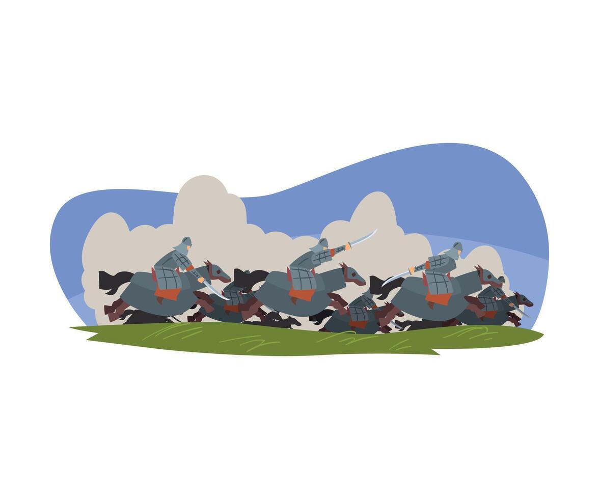 Mongolian Nomad, Asian Warriors Riding Horses and Fighting with Swords Illustration vector