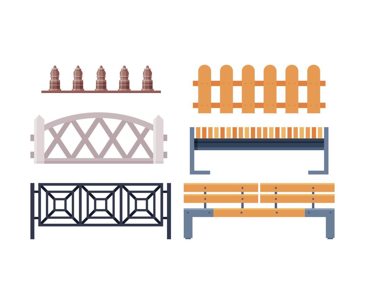 Decorative Fences Collection, Wooden, Wrought Iron and Stone Fence, Urban Infrastructure Design Element, Flat Style Illustration on White Background vector