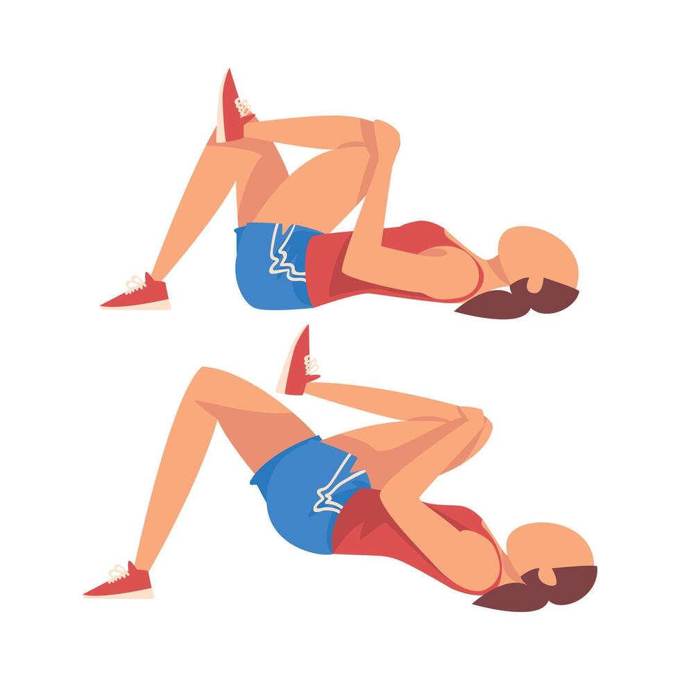 Woman Doing Glute Exercise with Hip Raise in Two Steps, Girl Doing Sports Firming her Body, Buttock Workout Illustration on White Background vector