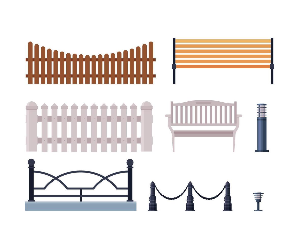 Decorative Fences Collection, Wooden, Wrought Iron Fence, Urban Infrastructure Design Element, Flat Style Illustration on White Background vector