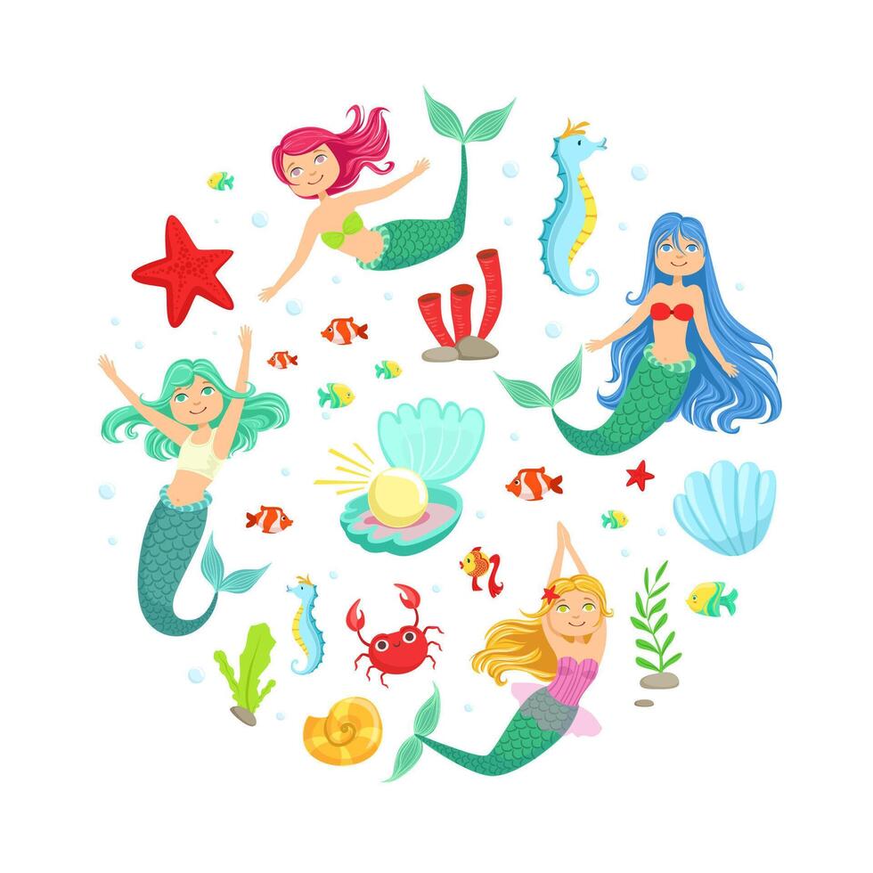 Banner Template with Cute Mermaids and Aquatic Nature Elements of Round Shape, Under the Sea Theme Party Greeting Card, Invitation, Flyer Illustration vector