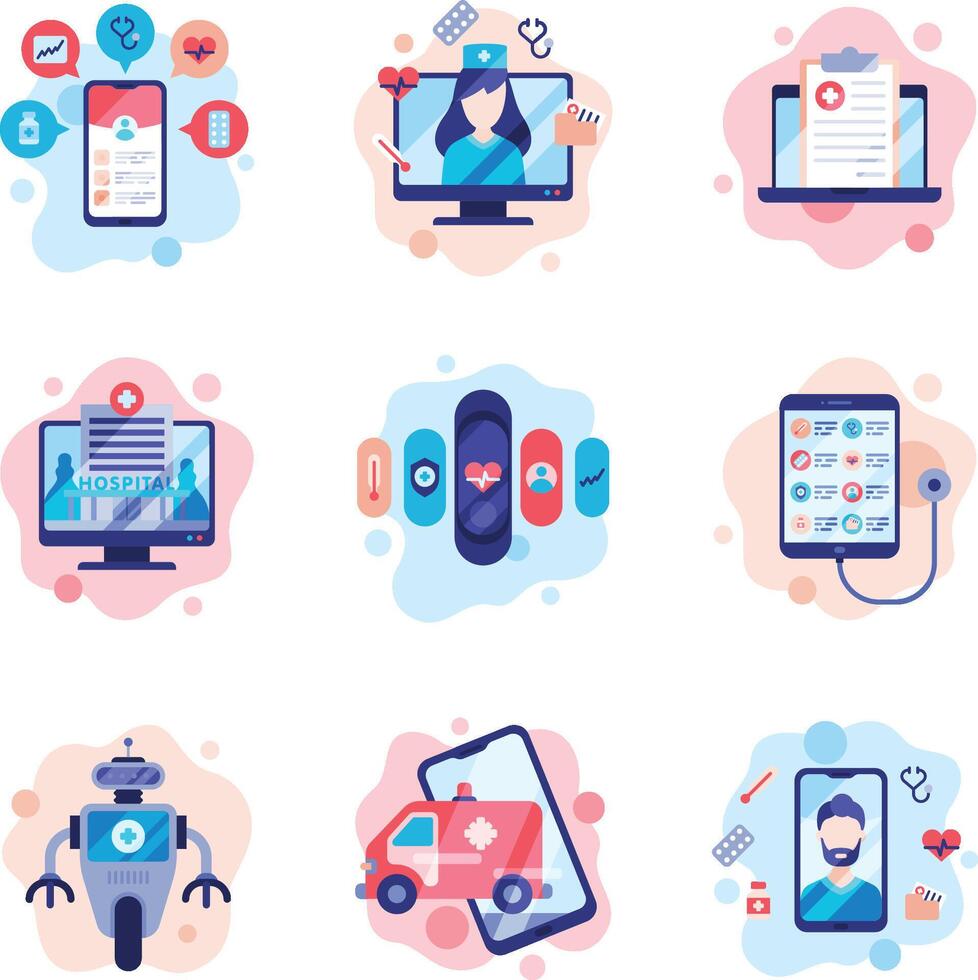 Modern Healthcare Technologies Set, Online Medical Consultation Mobile Apps, Telemedicine Service, Flat Style Illustration vector