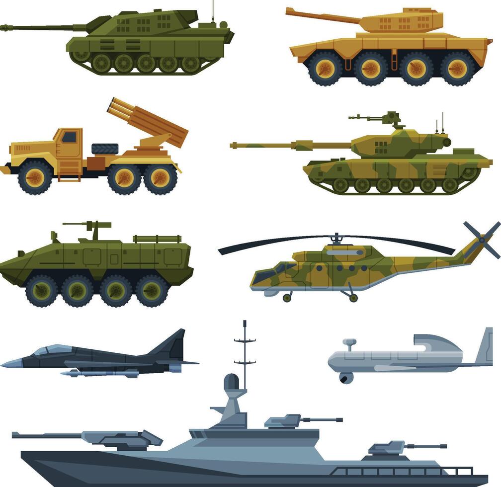 Armored Army Vehicles Collection, Military Heavy Special Transport, Tank, Aircraft Fighter, Rocket Launcher, Helicopter, Warship Flat Illustration vector