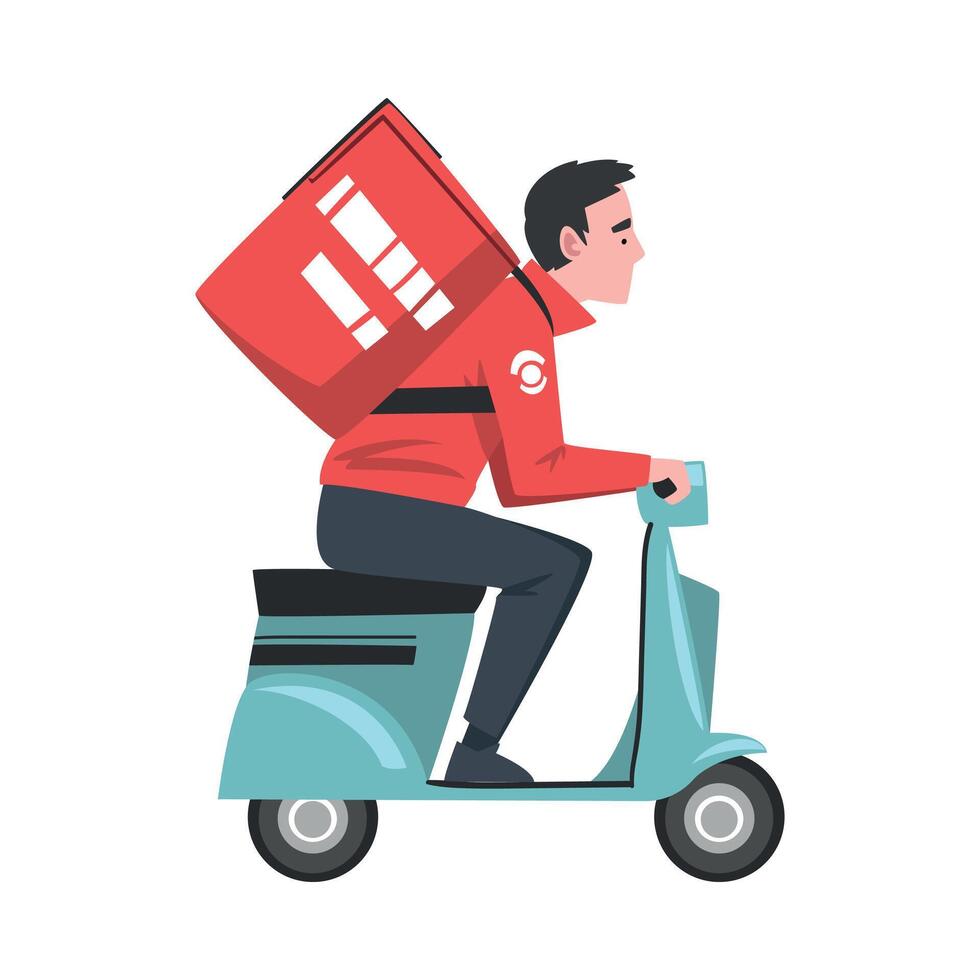 Male Courier Riding Scooter with Red Parcel Box on his Back, Delivery Food Service, Fast Shipping Cartoon Illustration vector