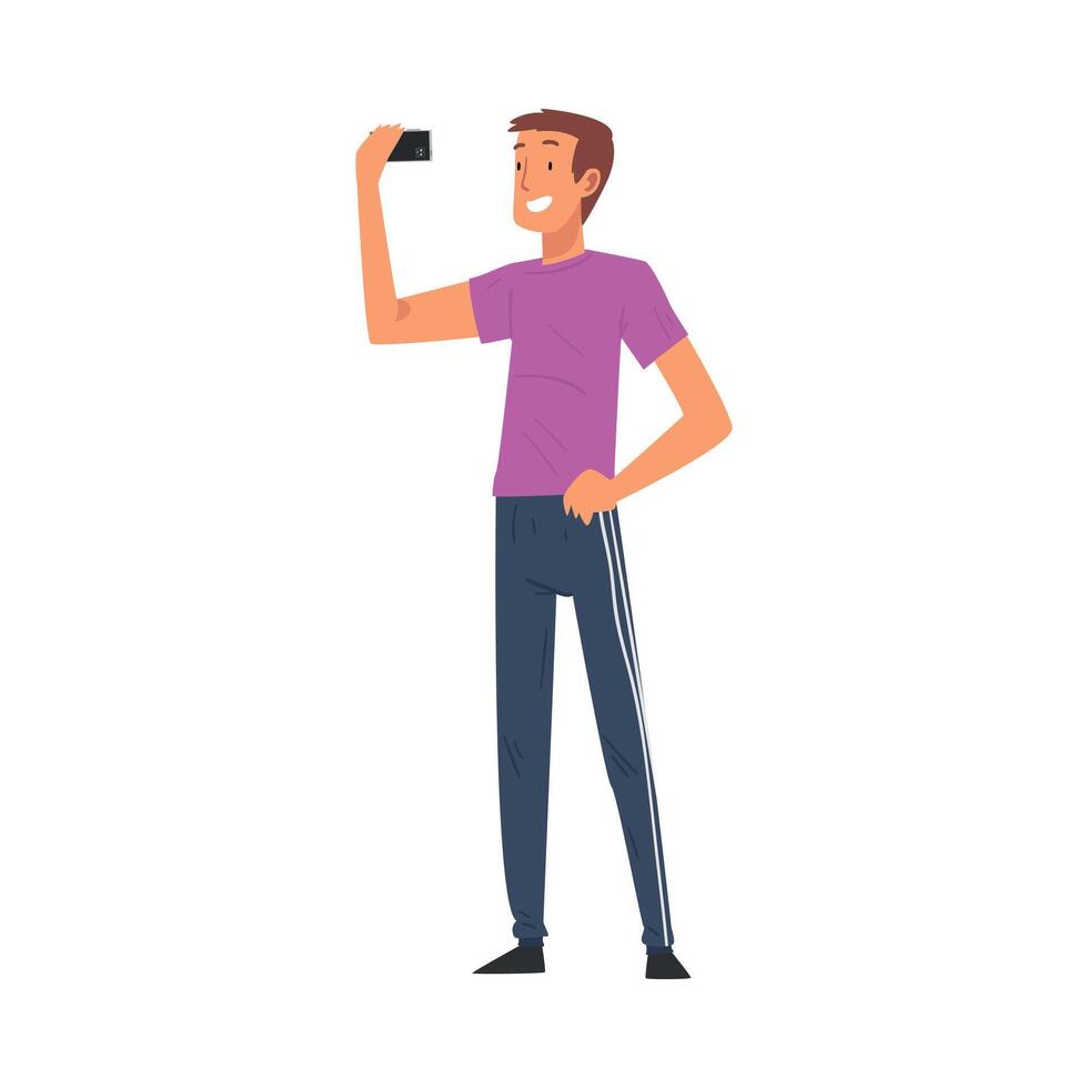 Smiling Man Taking Selfie Photo, Male Character Photographing Himself with Smartphone Cartoon Illustration vector