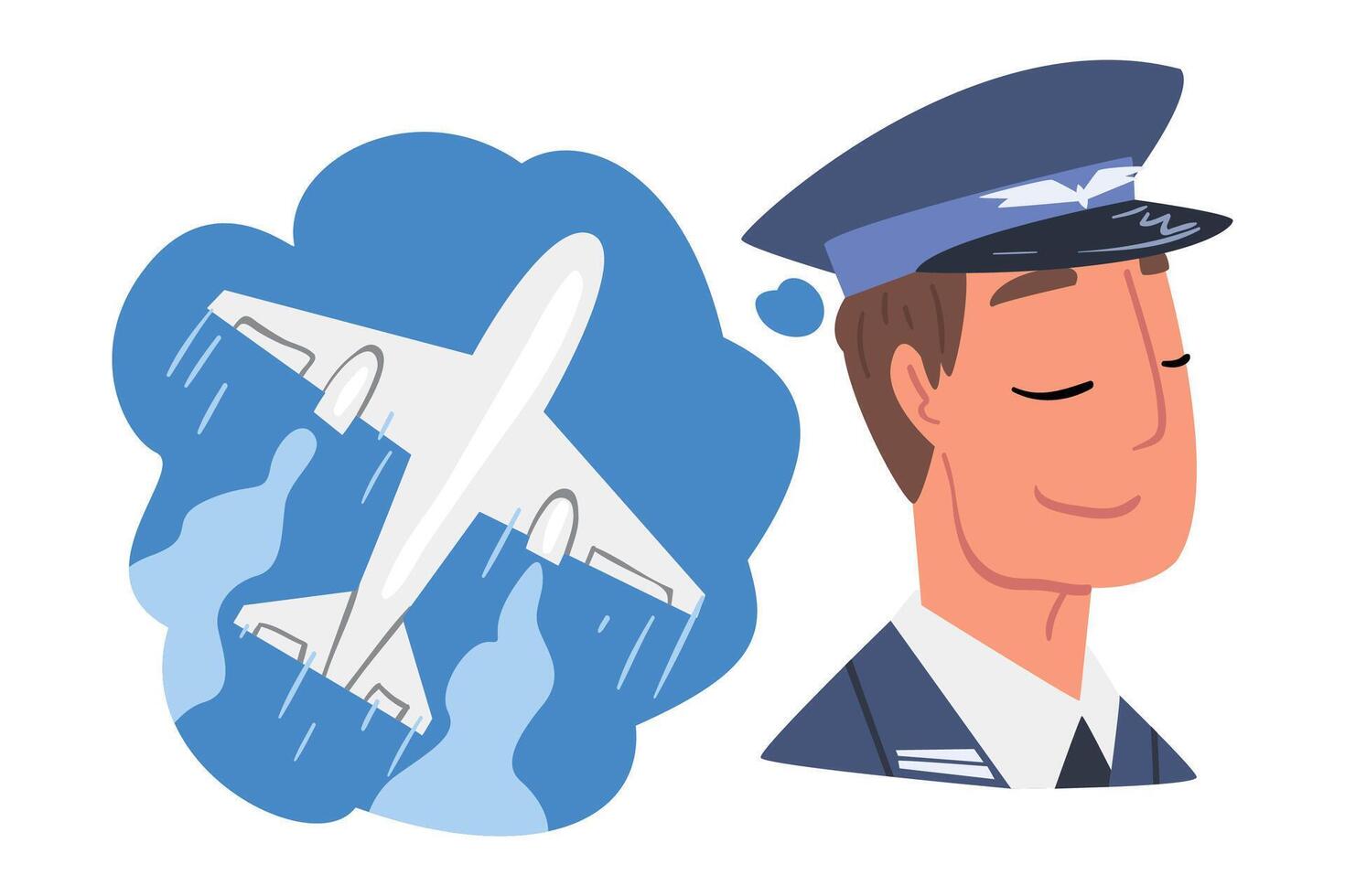 Young Man Dreaming about of Airplane Flights, Human Thoughts and Needs Cartoon Style Illustration on White Background vector