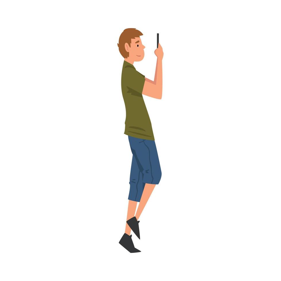 Guy Walking Outside, Teen Boy Looking at His Smartphone, Person Using Digital Gadget for Online Communication Illustration vector