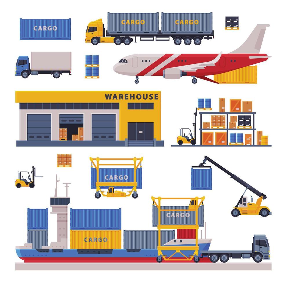 Logistic and Delivery Set, Warehouse Storage Building and Cargo Freight Transportation Vehicles Flat Style Illustration on White Background vector