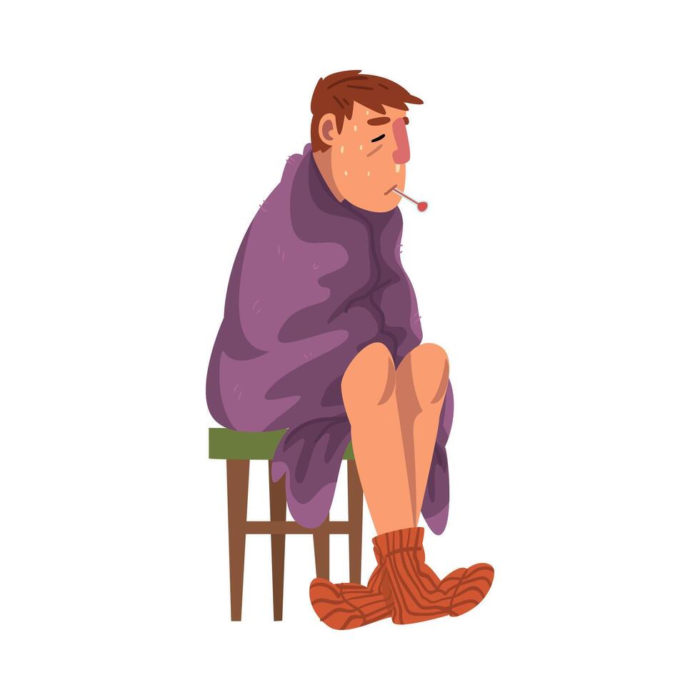 Sick Sweating Man Sitting on Chair Wrapped in Plaid, Mature Man with Flu Wearing Knitted Socks Measuring Temperature with Thermometer Cartoon Illustration vector