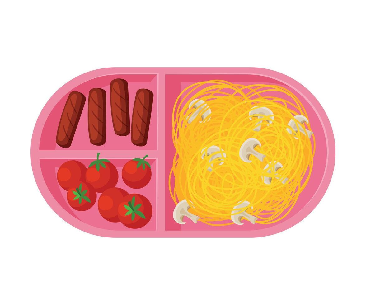 Meal Tray Filled with Pasta, Sausages and Tomatoes, Healthy Food For Kids And Students, View from Above Flat Illustration vector