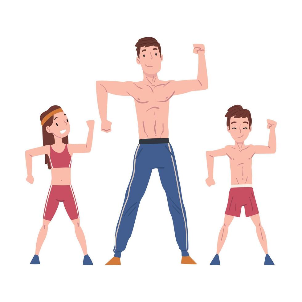 Dad, his Son and Daughter Doing Sports Exercise, Family Members Spending Joyful Time Together Cartoon Illustration on White Background vector