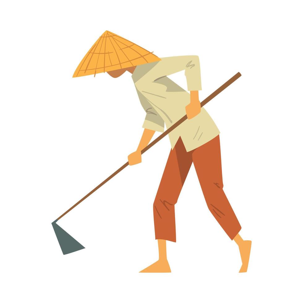 Asian Farmer in Straw Conical Hat Working with Hoe on Paddy Field Cartoon Style Illustration on White Background vector