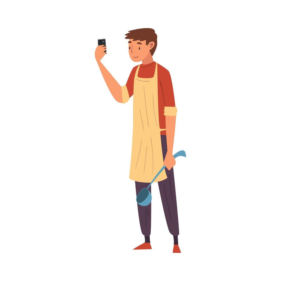 Male Cook Wearing Apron Standing with Ladle Taking Selfie Photo, Male Character Photographing Himself with Smartphone at Work Cartoon Illustration vector