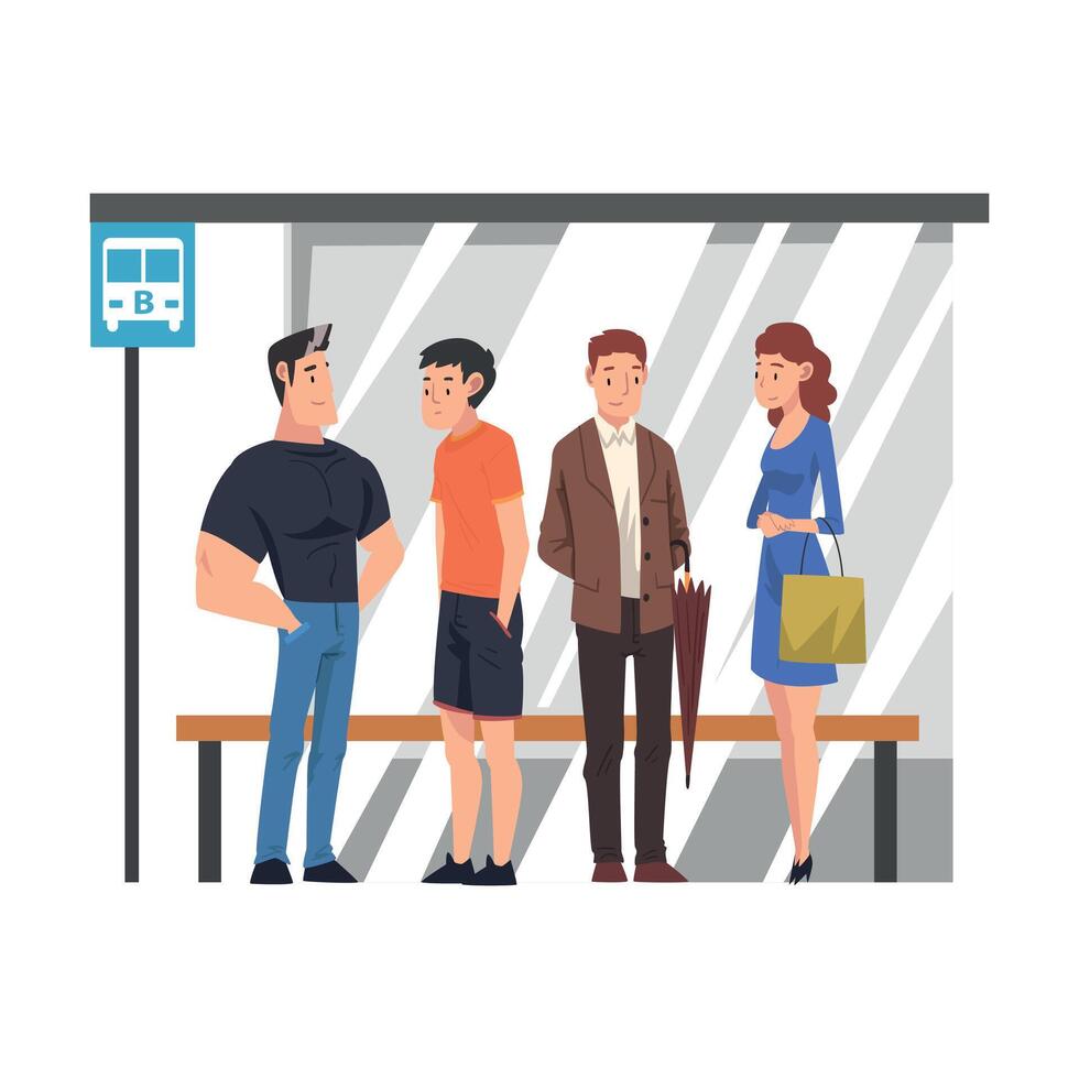 Group of Passengers Waiting for Public Transportation, People Spending Time in Expectation Cartoon Illustration vector